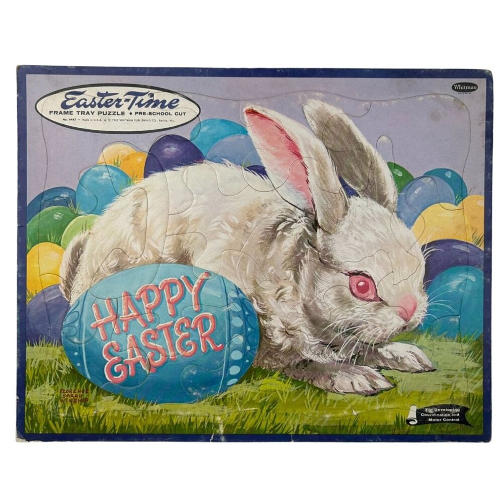 Whitman 1962 Easter Time Bunny Tray Puzzle  #4447 Cardboard Toy Rabbit Vintage
